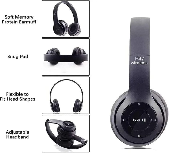 P47 Wireless Bluetooth Headphones โ Ultra Small Gaming Headset with Mic (Random Color)