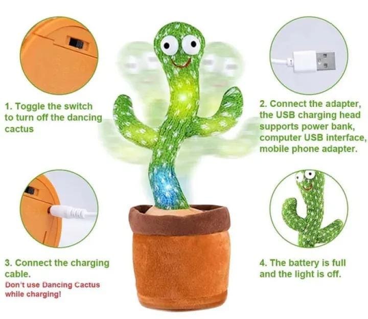 Dancing Cactus Toy – Singing, Talking & Voice Recording Plush Toy with USB Rechargeable Function (With Cap) – For Babies & Kids (6 Months+)